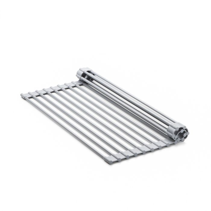 partially rolled up dish drying rack displayed on a white background