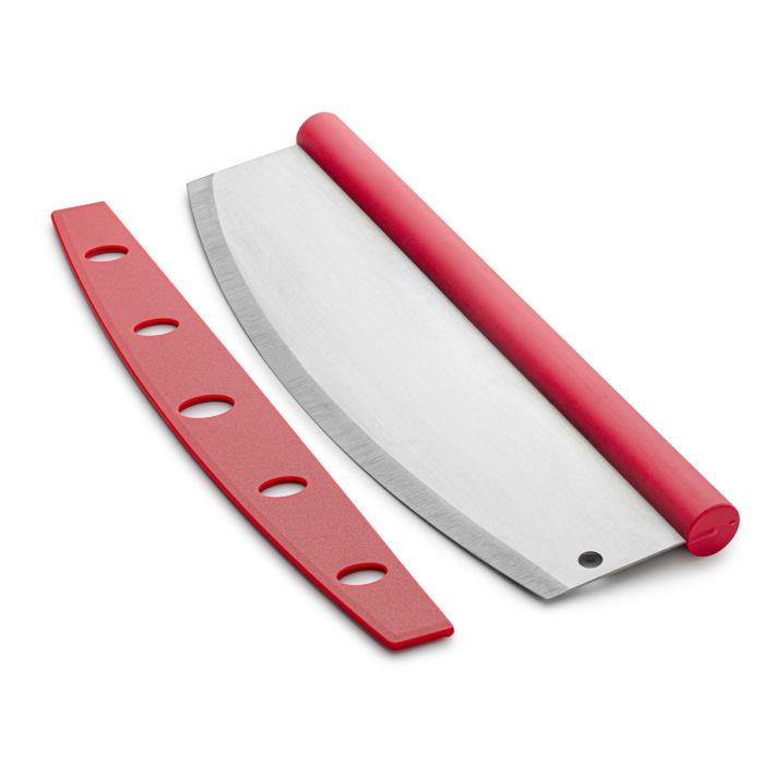 rocking pizza cutter with blade guard sitting beside on a white background
