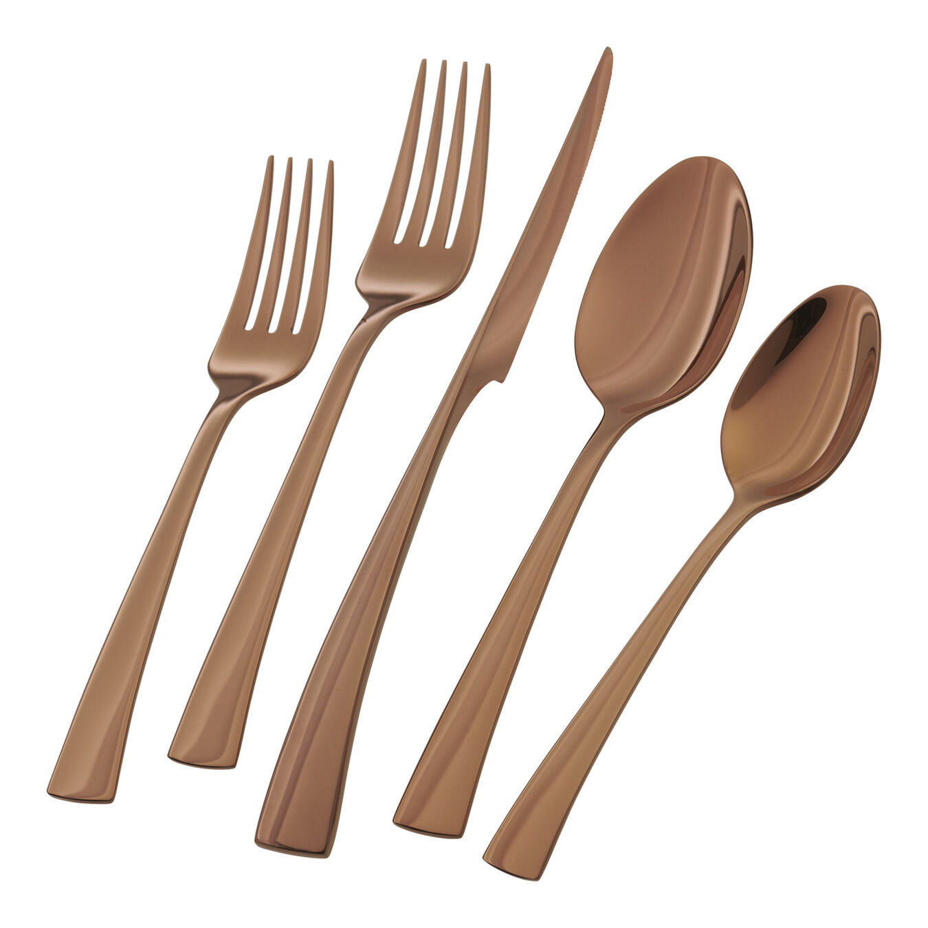 5 pieces of the bellasera rose gold flatware set displayed on a white background