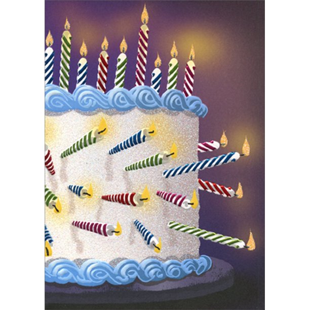 front of card is a drawing of a large cake with lots of candles on top and on side of cake