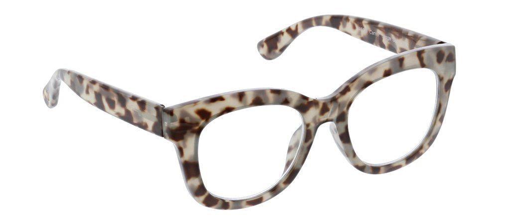 left angled view of gray tortoise center stage glasses on a white background 