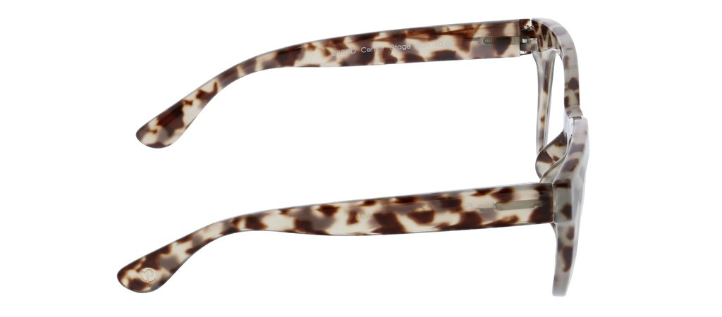 side view of gray tortoise center stage glasses on a white background 