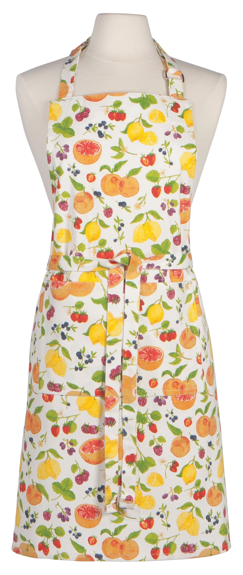 white apron with fruit print design on a mannequinn.