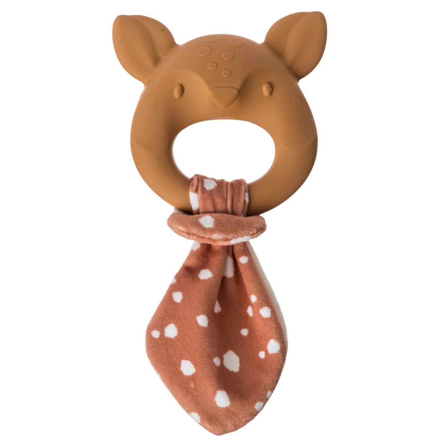 silicone ring in the shape of a deer head with a plush fabric looped tail on it.