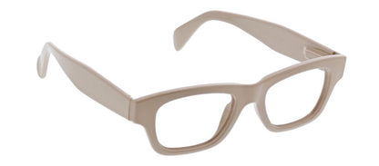 left angled view of taupe scandi glasses on a white background