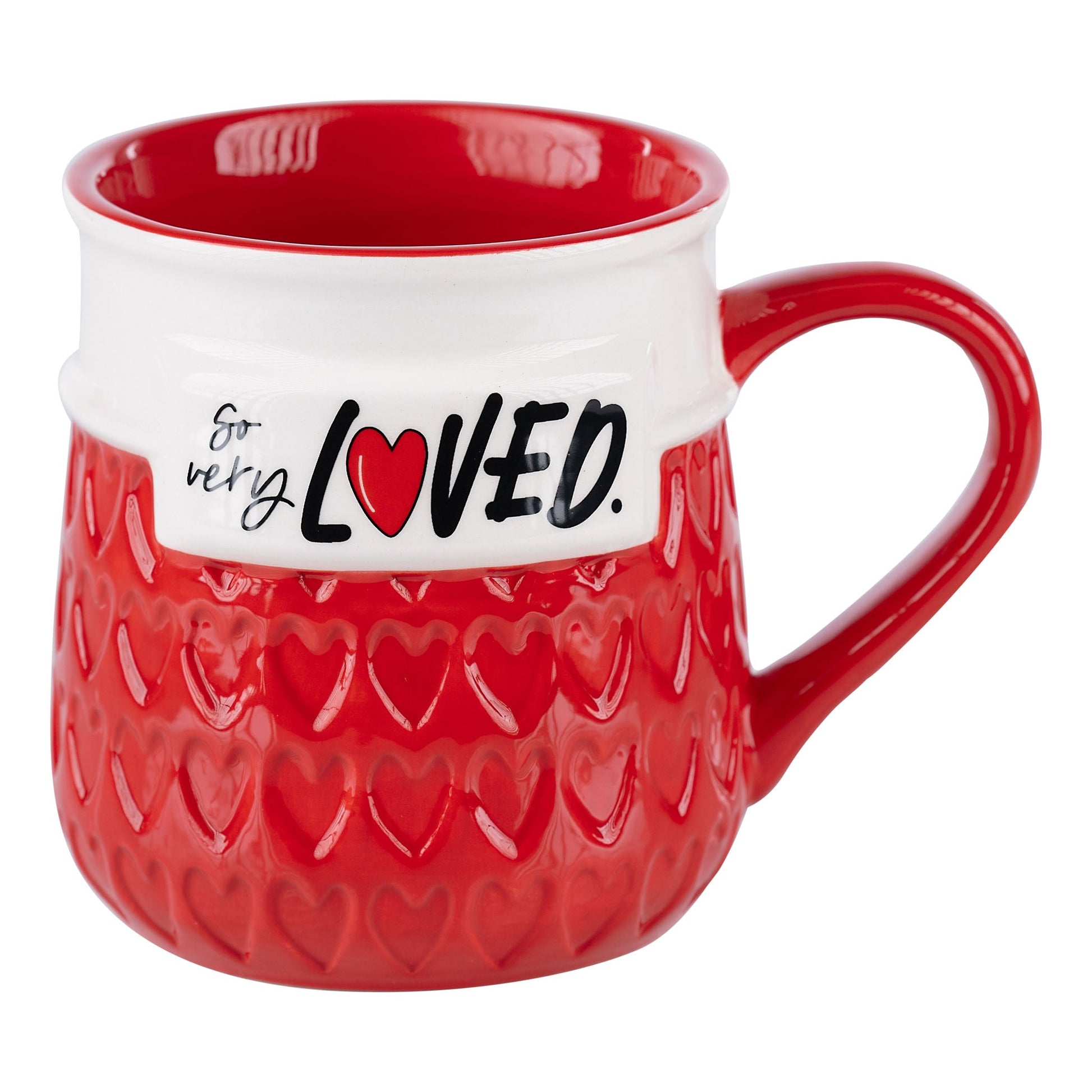 red and white mug with hearts stamped into the red with text "so very loved" displayed against a white background