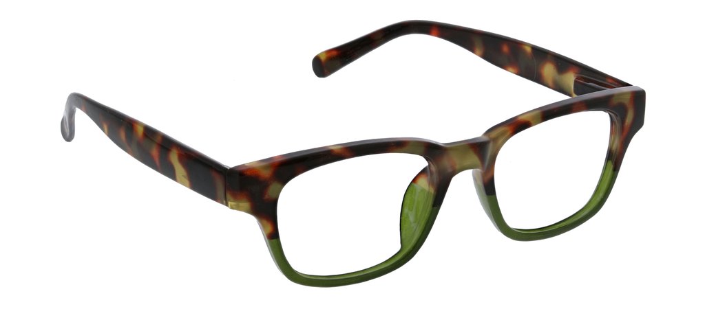 left angled view of tortoise and green layover glasses on a white background