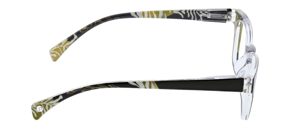 side view of black joni glasses on a white background 