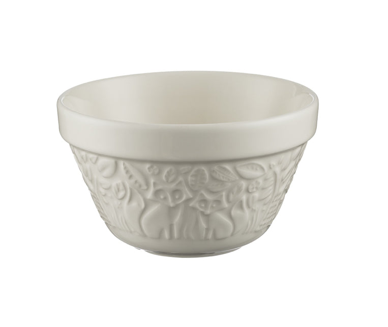 ceramic mixing bowl with fox design on white background.