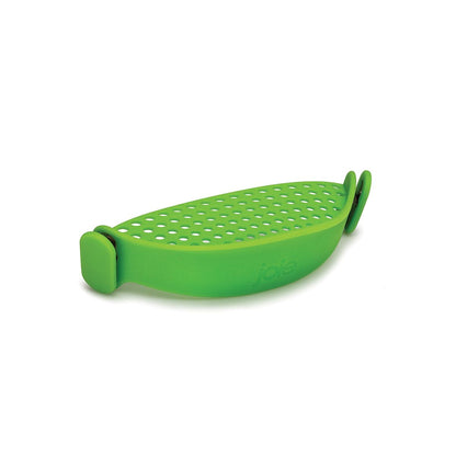 back view of the green silicone clip on strainer on a white background