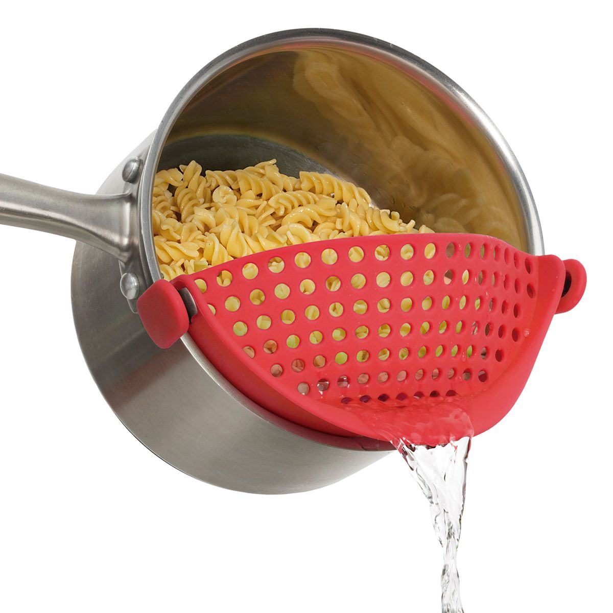 silicone clip on strainer displayed on a pot of pasta with water being poured out