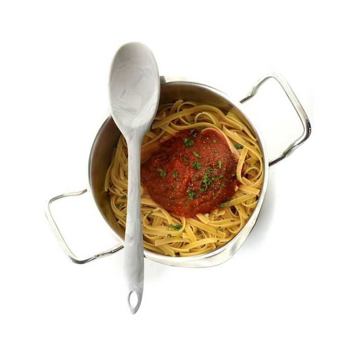 grey marble silicone spoon resting across a pot of pasta.