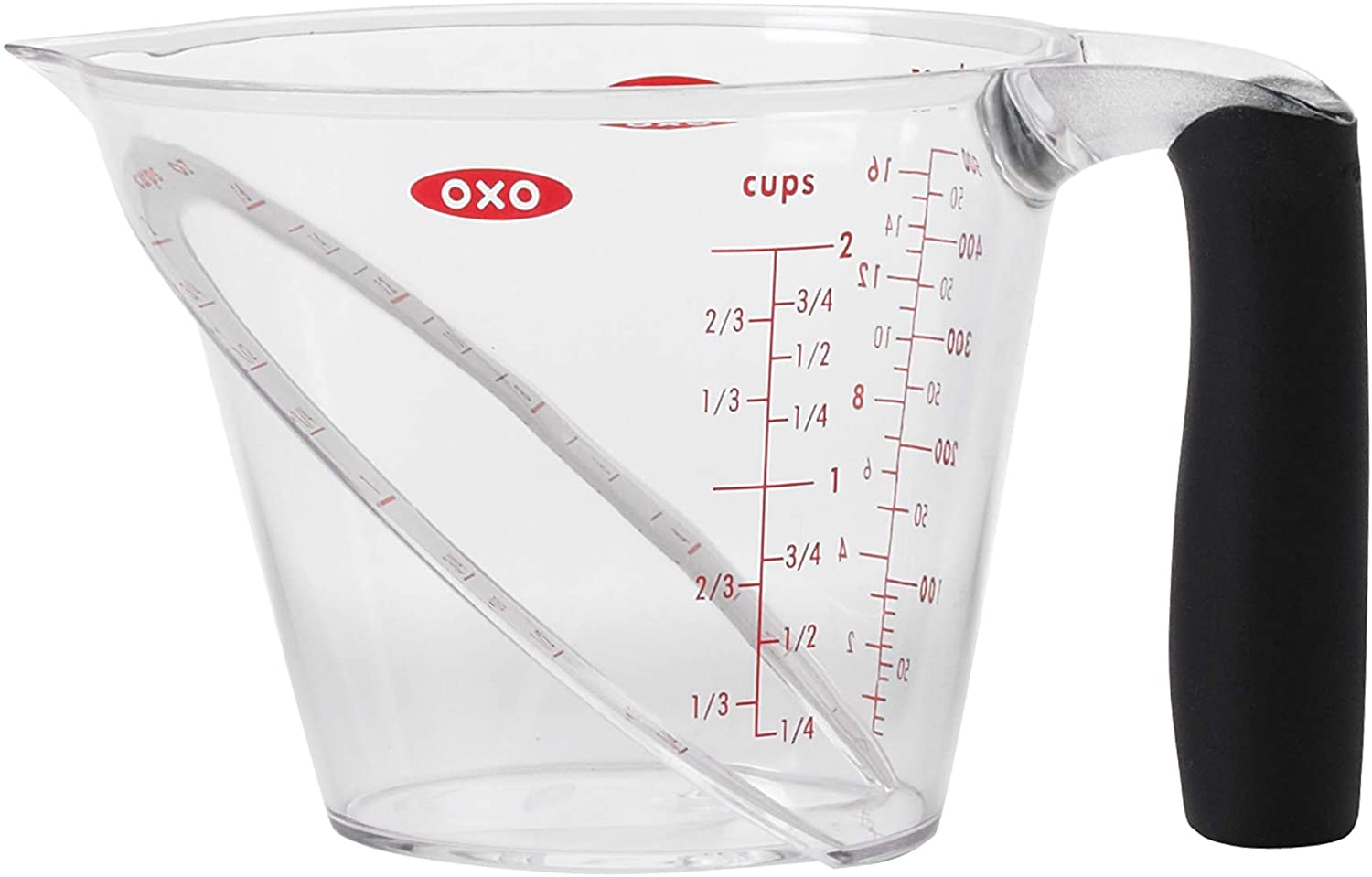 measuring cup with pouring spout, black handle, and red markings.