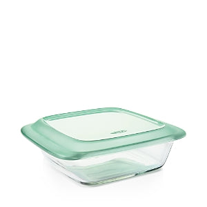 glass baking dish with light green lid.