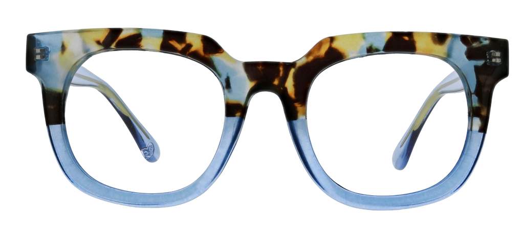 front view of blue quartz and blue glasses on a white background