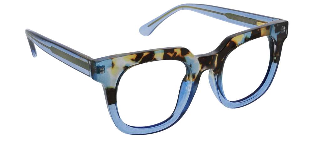 angled view of blue quartz and blue glasses on a white background