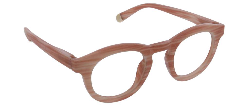 left angled view of pink horn stardust glasses on a white background