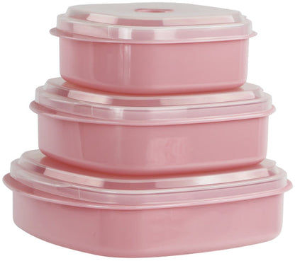 stack of 3 pink storage containers with lids on white background.