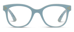 front view of light blue flower child glasses on a white background