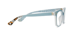 side view of light blue flower child glasses on a white background