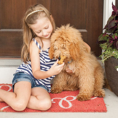child feeding bone shaped treats to dog.