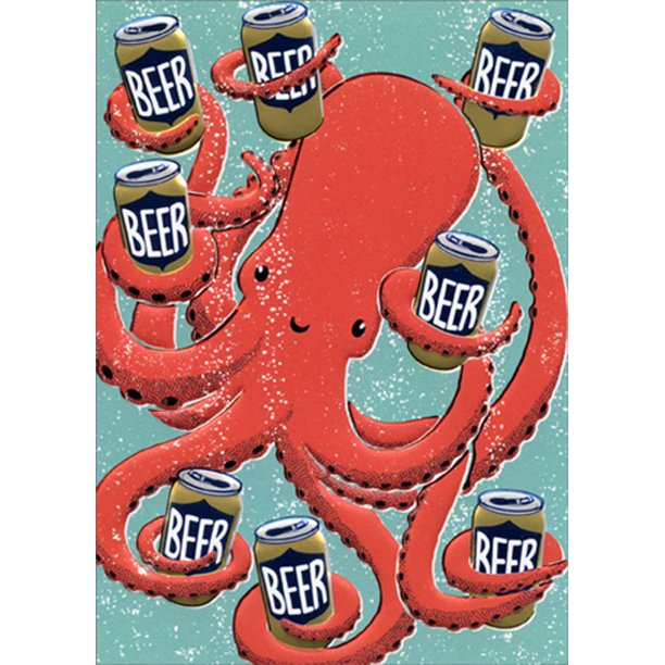 front of card is a drawing of an octopus holding beer cans with each tentacle