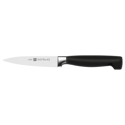paring knife with black handle on white back ground