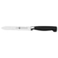 serrated knife with black handle on white back ground