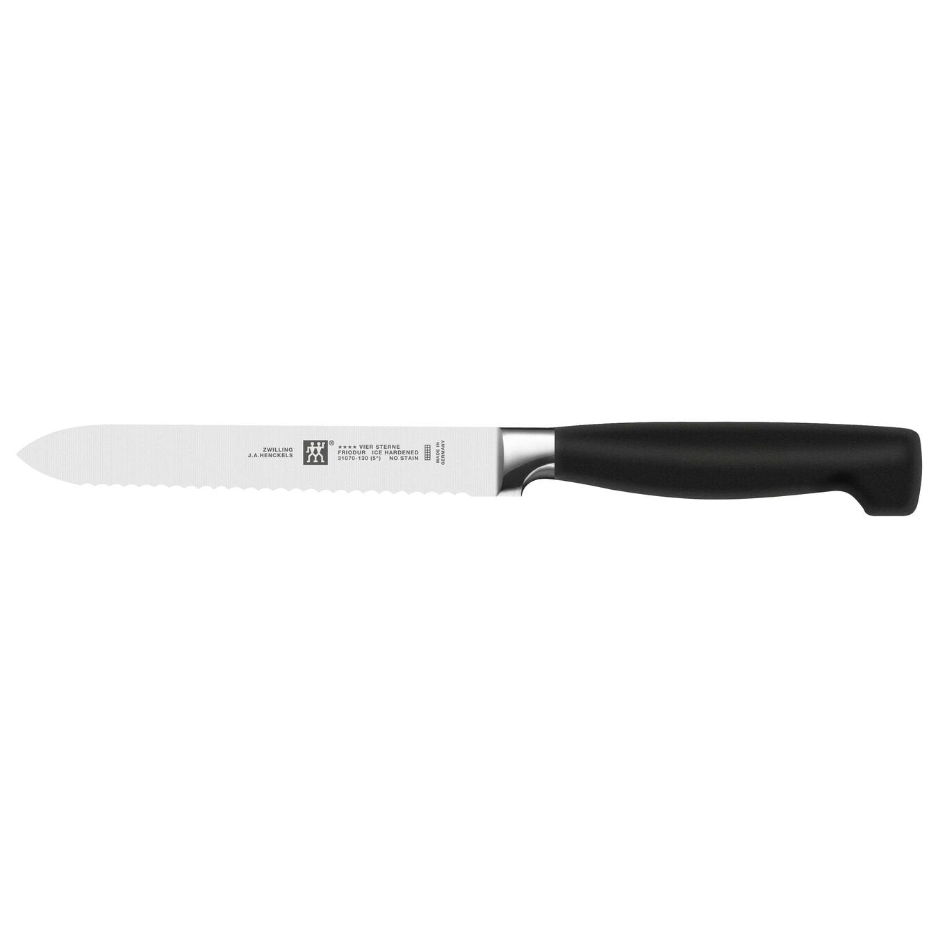 serrated knife with black handle on white back ground