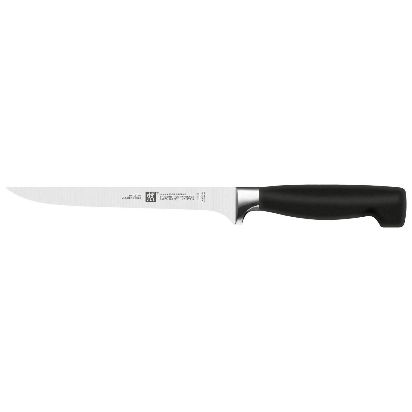 fillet knife with black handle on white background