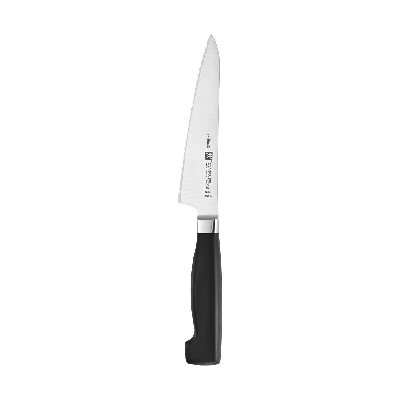 serrated kitchen knife with black handle on white background