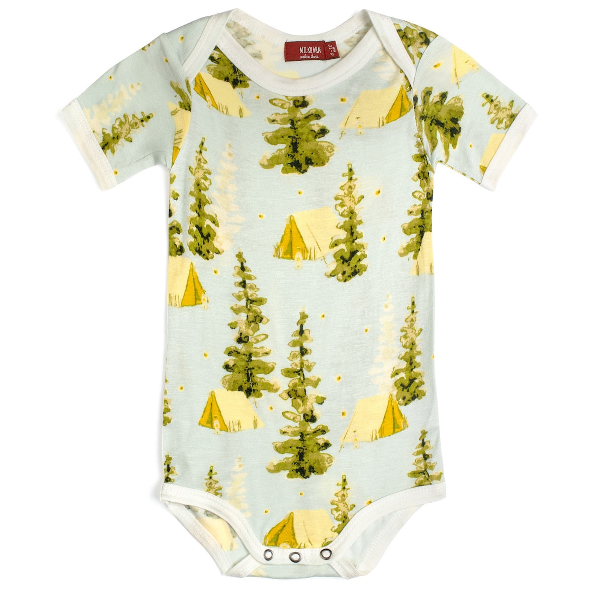 light blue onsie with all-over pattern of forest trees and tents.