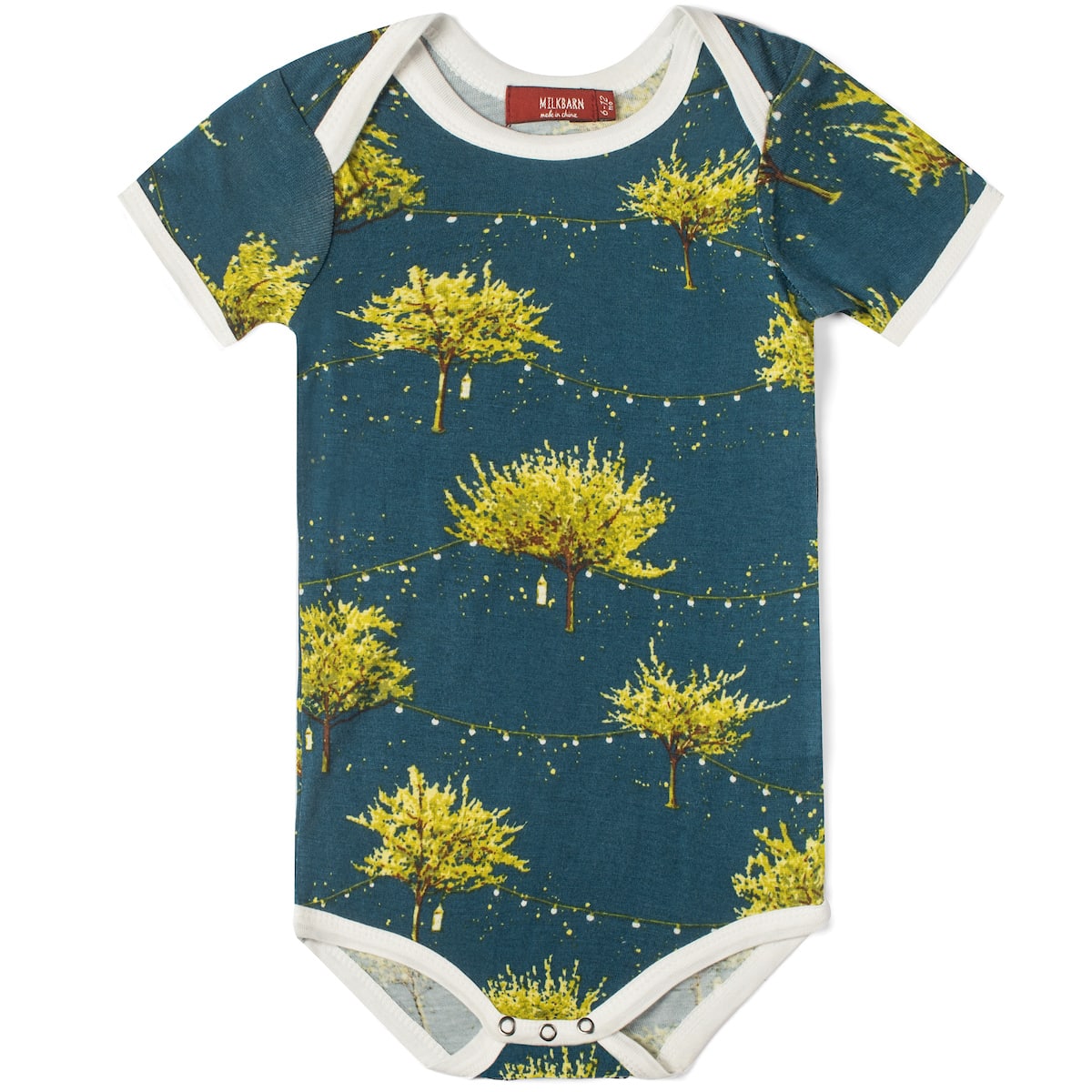 firefly bamboo one piece is dark blue with gold trees and fireflies all over displayed on a white background