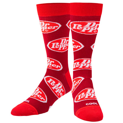 dr pepper retro crew socks displayed on a white background