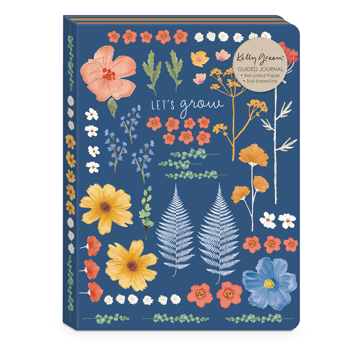 blue journal with floral design and "let's grow" printed in the center.