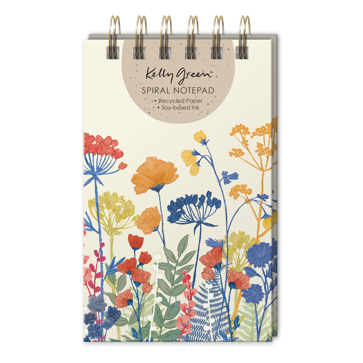 cream colored notebook, spirl bound on top, with floral design on cover.