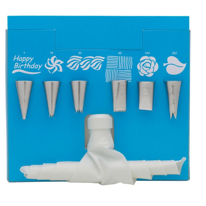 the entire pastry decorating set on a blue and white background