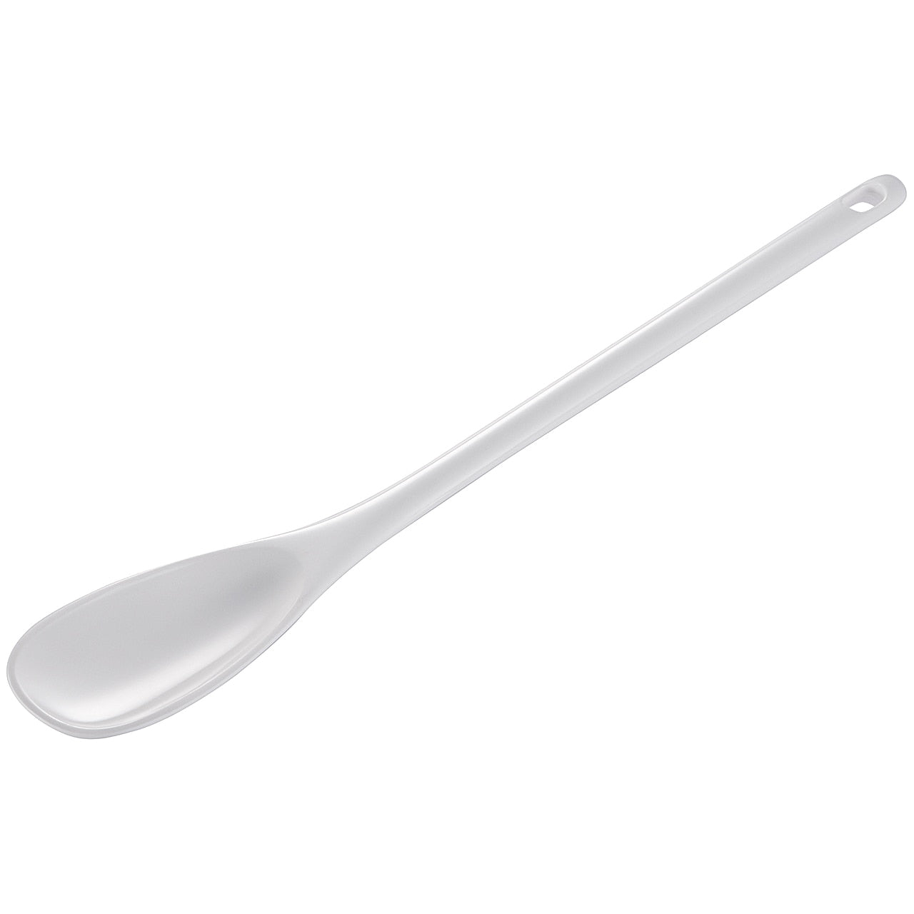 white melamine mixing spoon on a white background
