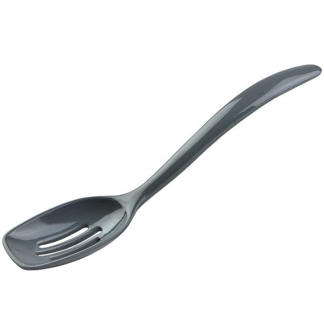 gray mini melamine slotted spoon on a white background