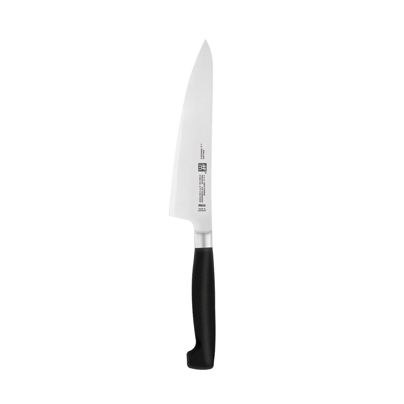 larger kitchen knife with black handle on white background