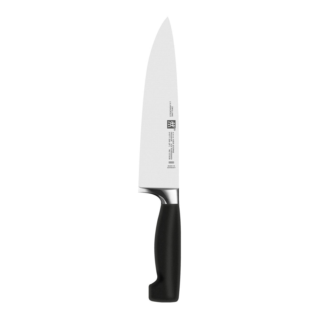 chef's knife with black handle on white background