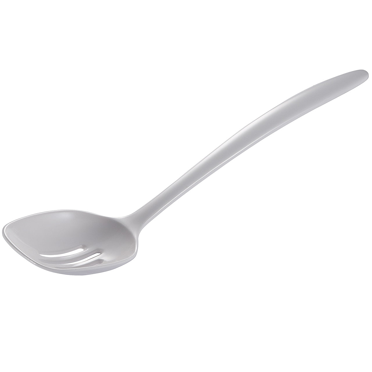white melamine slotted spoon on a white background