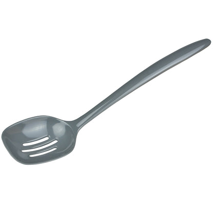 gray melamine slotted spoon on a white background