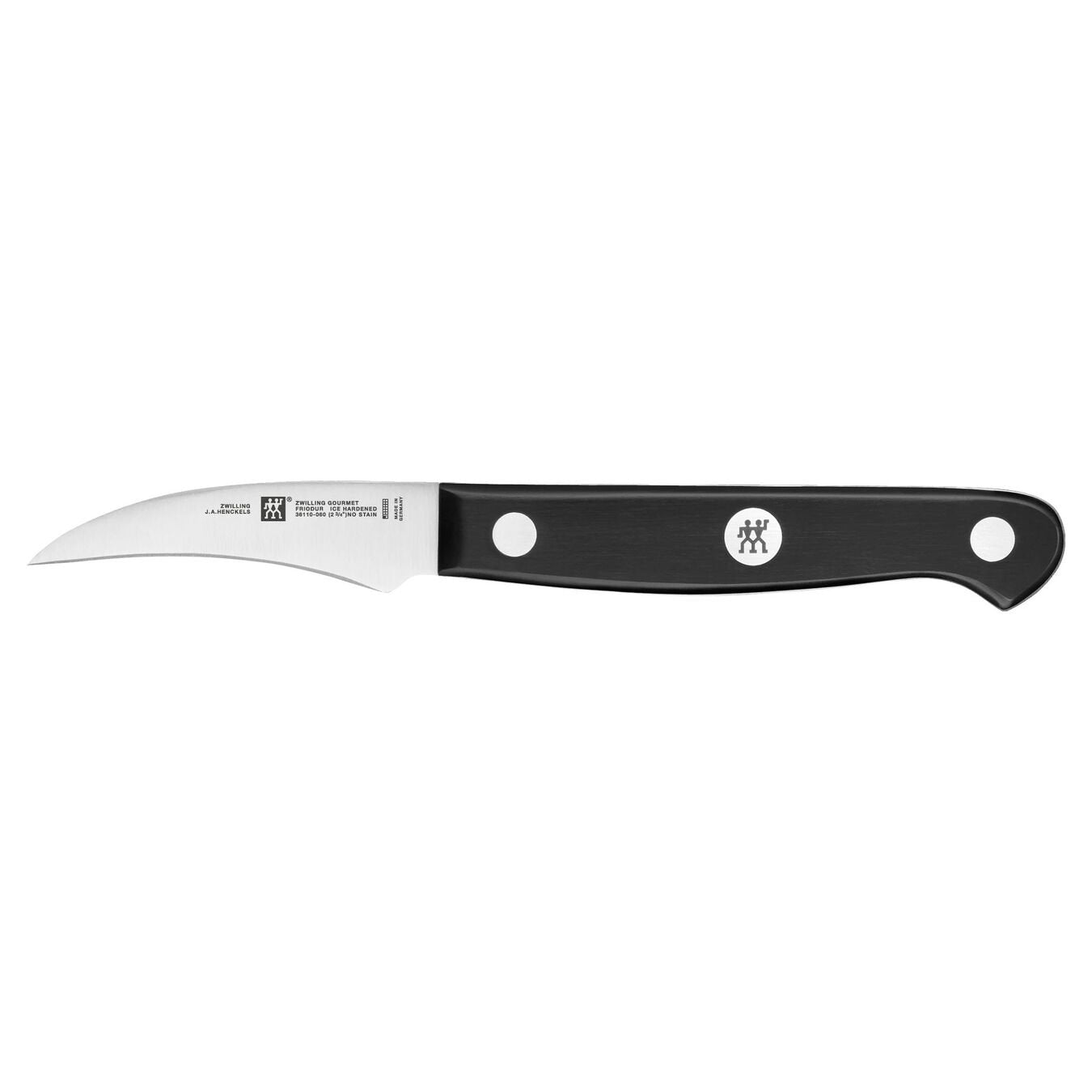 curved blade knife with riveted black handle on white background