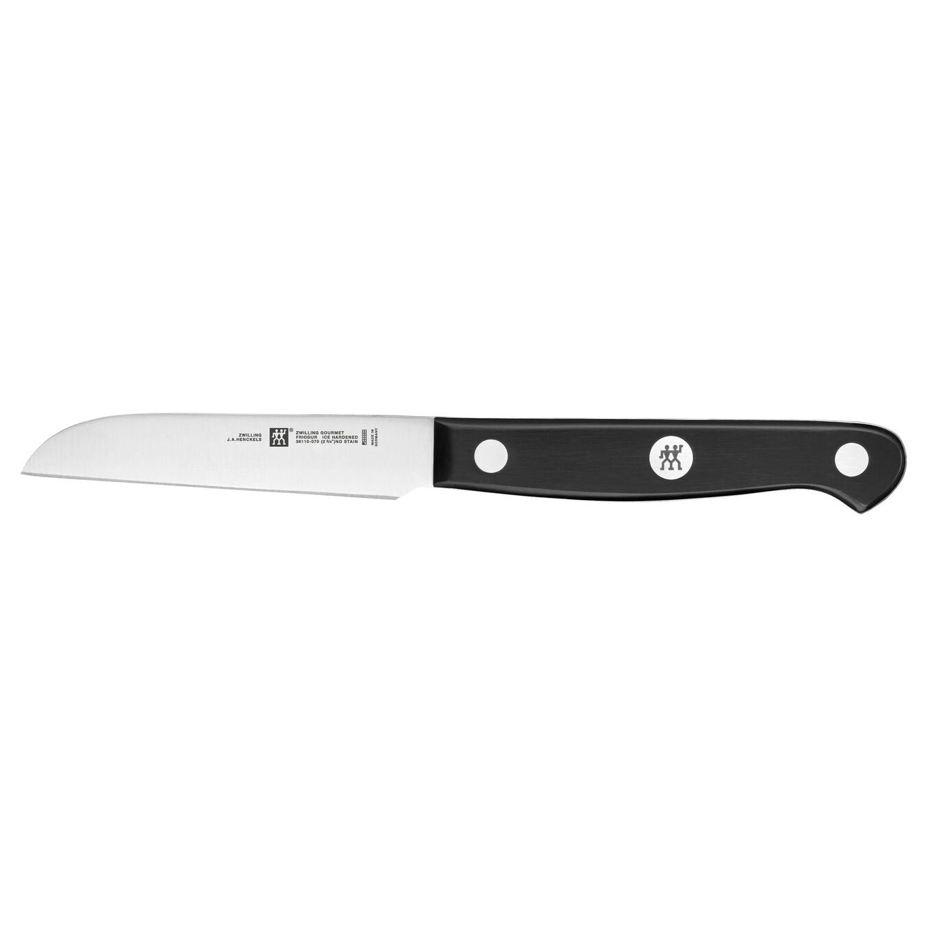 short blade knife with riveted black handle on white background