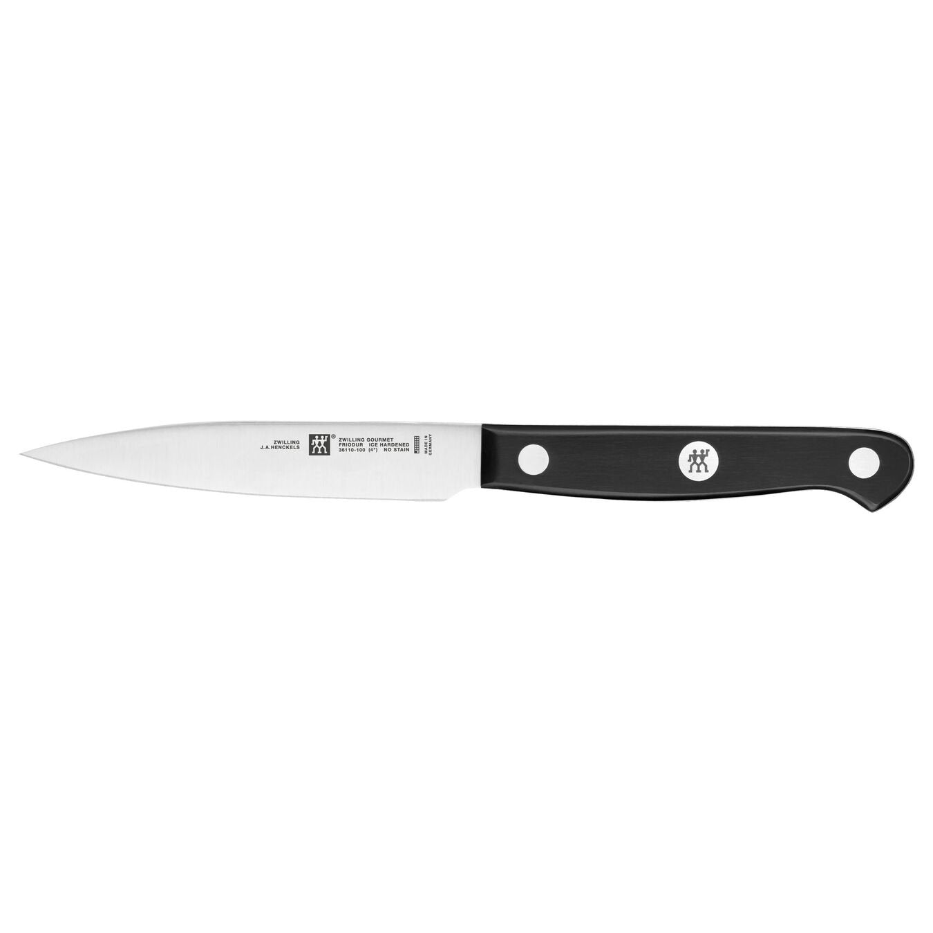 paring knife with riveted black handle on white background