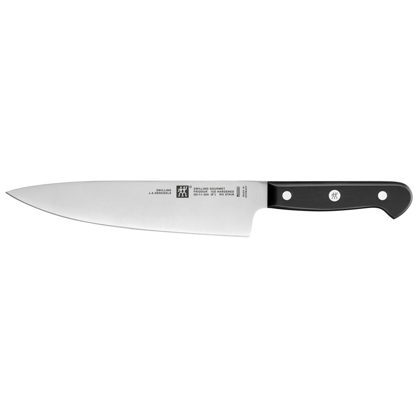 chef's knife with riveted black handle on white background