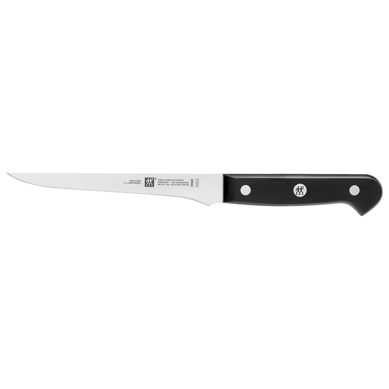 boning knife with riveted black handle on white back ground