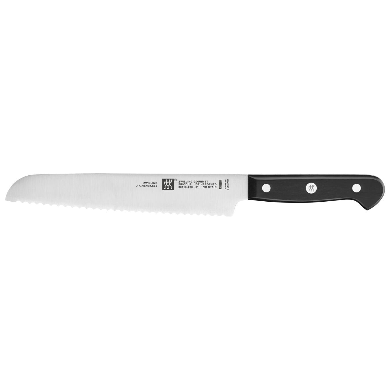 the gourmet 8 inch bread knife with serrated edge and black riveted handle on a white background