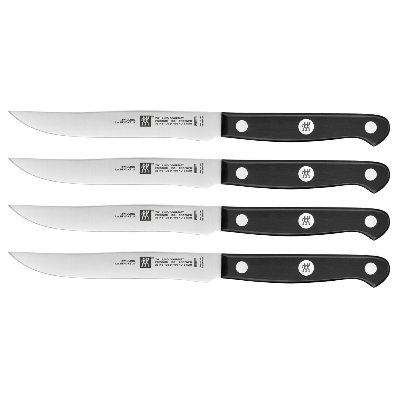 set of four steak knives with riveted black handles on white background